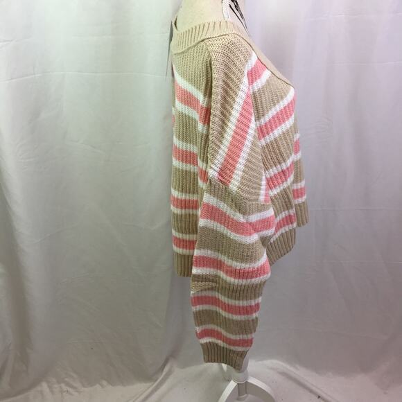 Wild Fable V Neck Striped Knit Sweater Tan Pink L - Picture 3 of 12